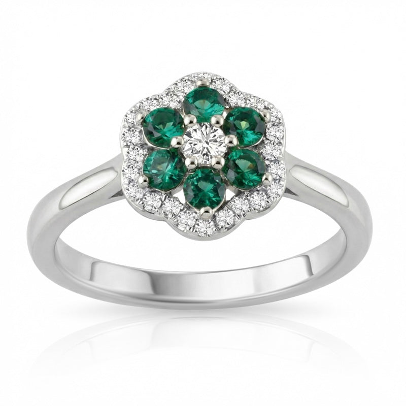 R-57179-EM-W    Diamond & Emerald Cluster Ring
