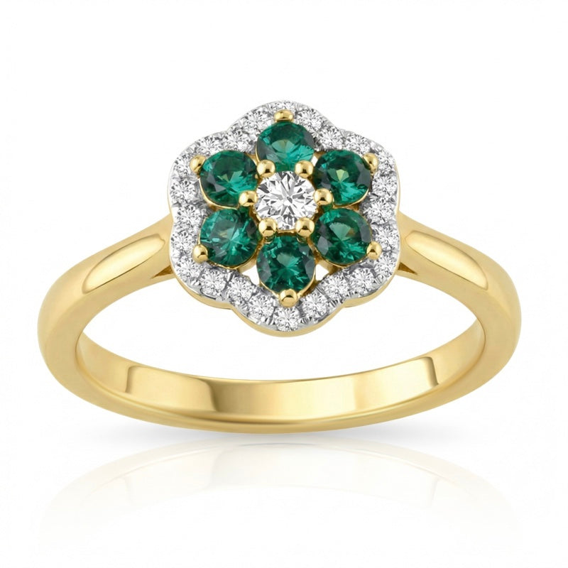 R-57179-EM-Y    Diamond & Emerald Cluster Ring
