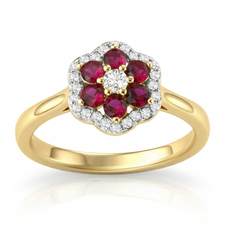 R-57179-RU-Y    Diamond & Ruby Cluster Ring