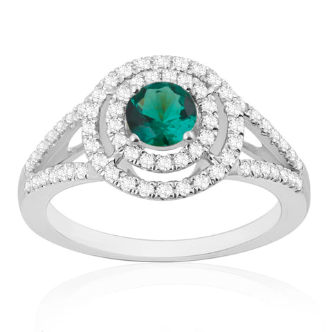 R-65432-EM-W  Diamond & Emerald Double Halo Cluster Ring