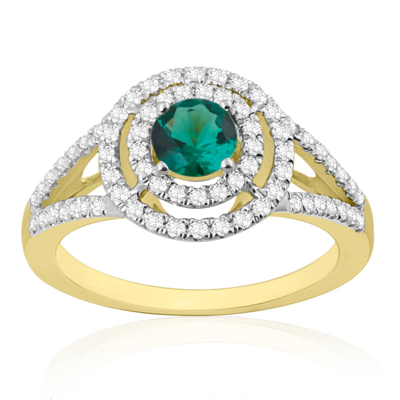 R-65432-EM-Y  Diamond & Emerald Double Halo Cluster Ring