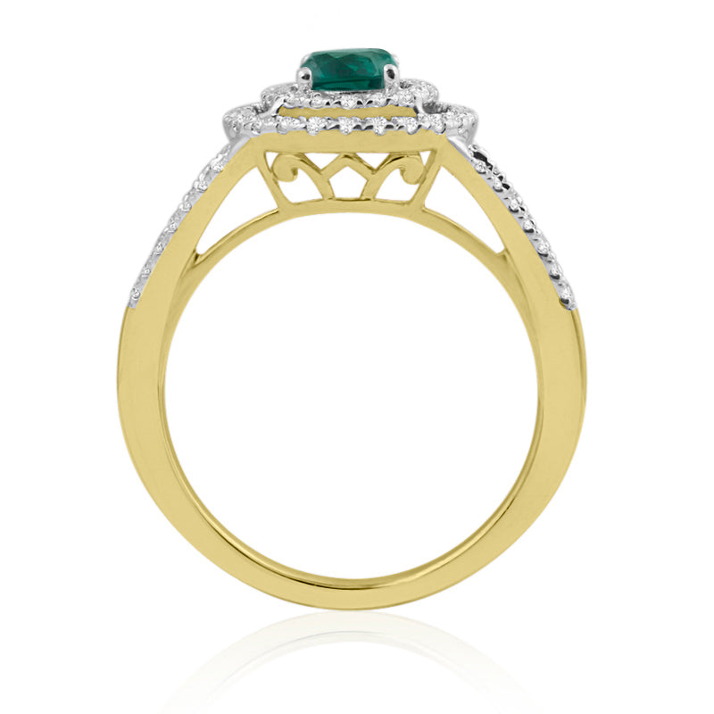 R-65432-EM-Y  Diamond & Emerald Double Halo Cluster Ring