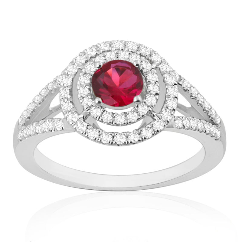 R-65432-RU-W  Diamond & Ruby Double Halo Cluster Ring