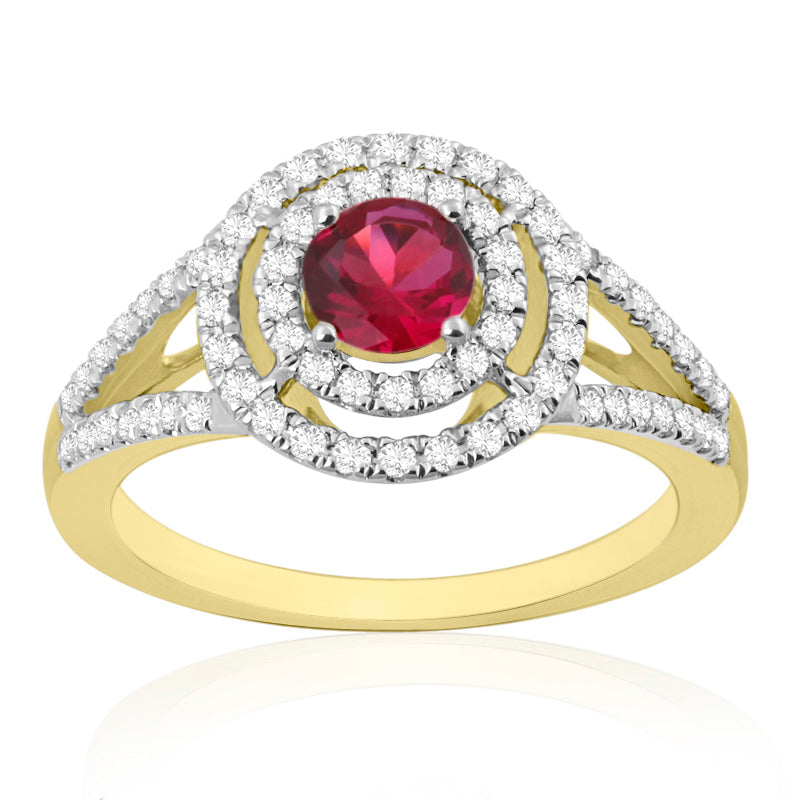 R-65432-RU-Y  Diamond & Ruby Double Halo Cluster Ring