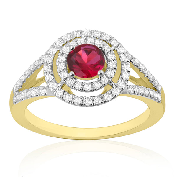 R-65432-RU-Y  Diamond & Ruby Double Halo Cluster Ring