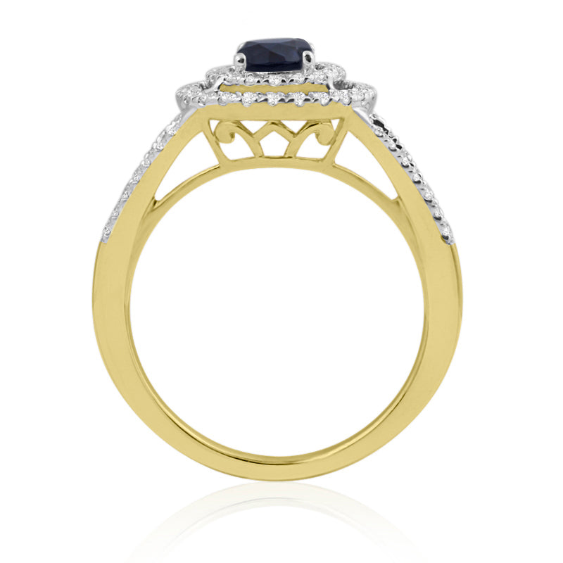 R-65432-SA-Y  Diamond & Sapphire Double Halo Cluster Ring