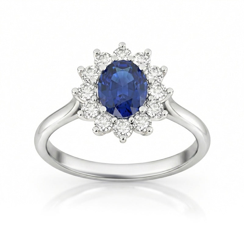 R-75033-SA-W    Diamond & Sapphire Cluster Ring