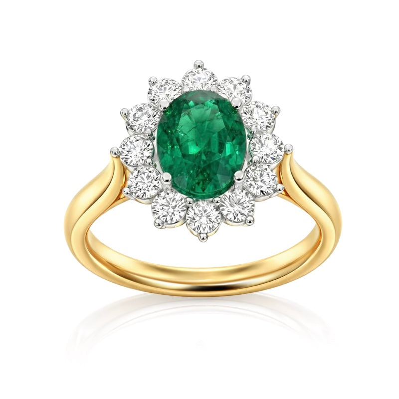 R-77075-EM-Y    Diamond & Emerald Cluster Ring