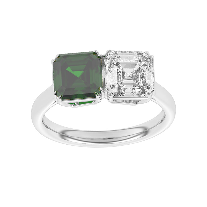 R-82210-EM-W  Lab Diamond & Emerald Two Stone Ring