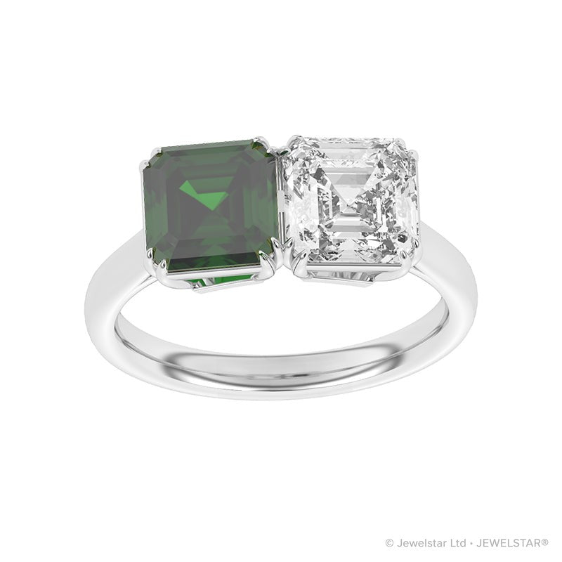 R-82210-EM-W  Lab Diamond & Emerald Two Stone Ring