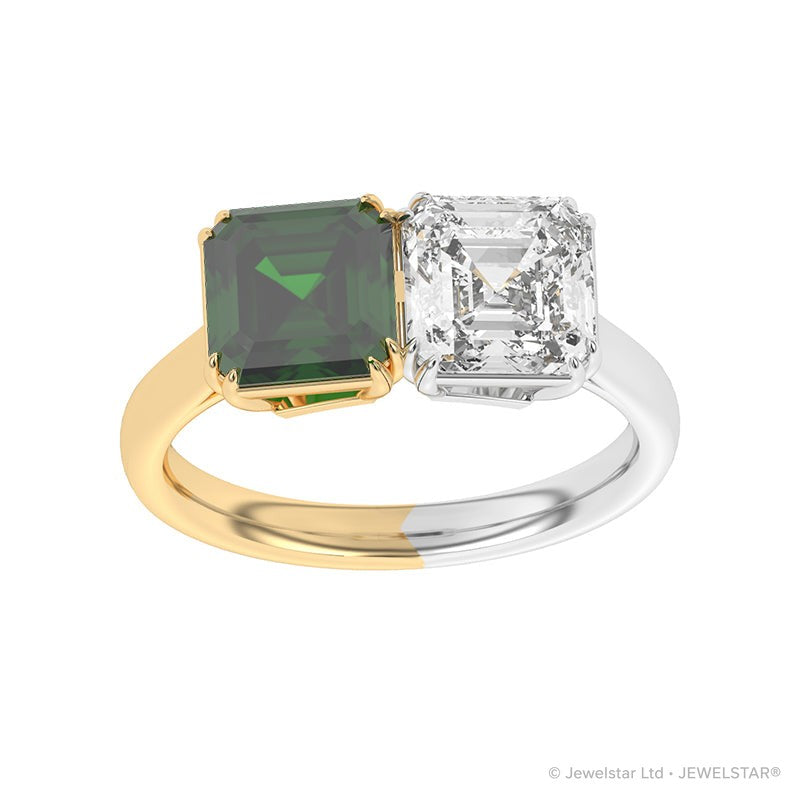 R-82210-EM-YW  Lab Diamond & Emerald Two Stone Ring