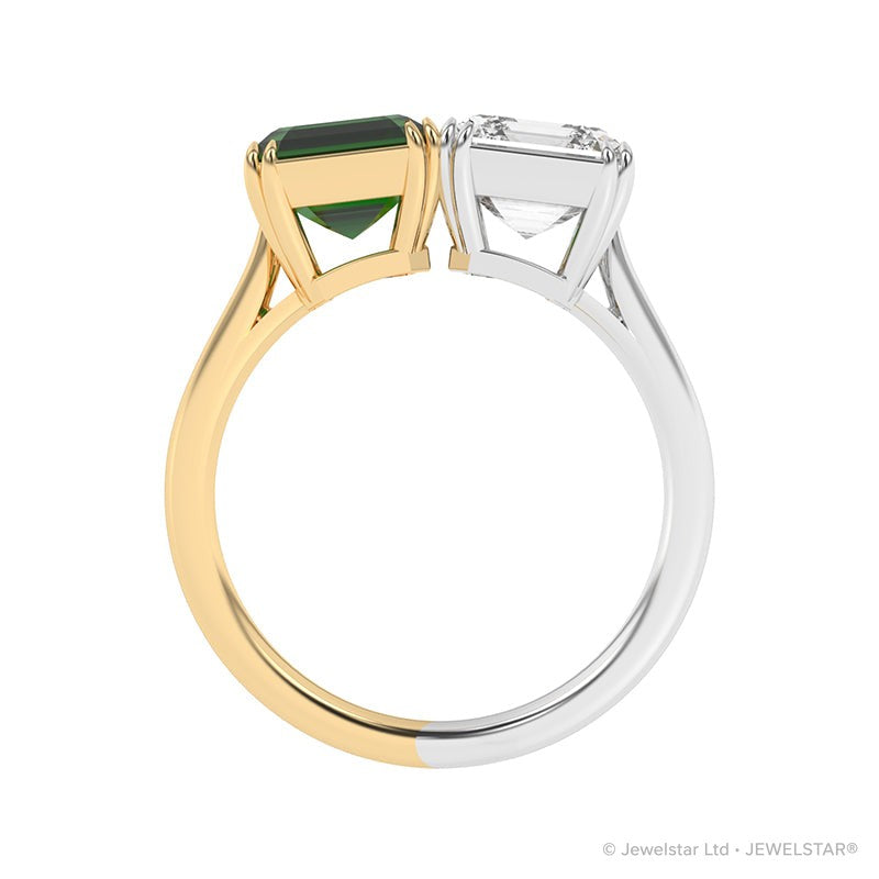 R-82210-EM-YW  Lab Diamond & Emerald Two Stone Ring