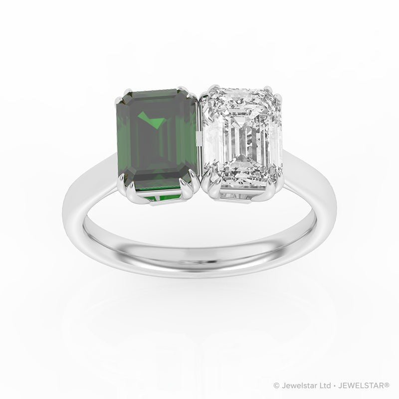 R-82211-EM-W  Lab Diamond & Emerald Two Stone Ring