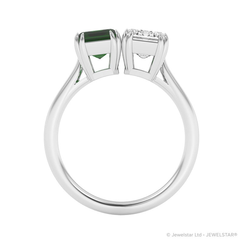 R-82211-EM-W  Lab Diamond & Emerald Two Stone Ring