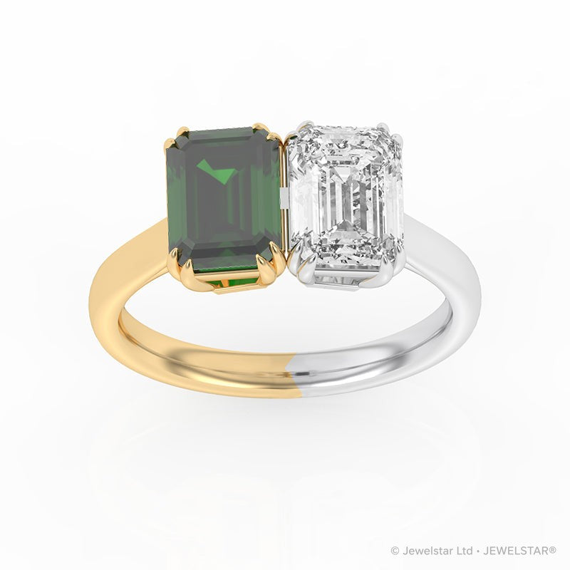 R-82211-EM-YW  Lab Diamond & Emerald Two Stone Ring