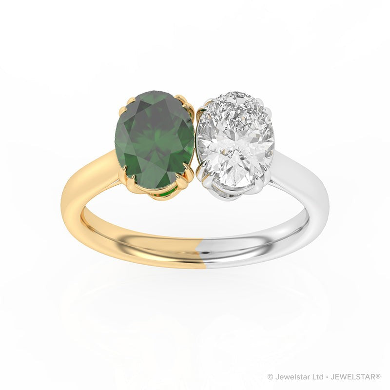 R-82212-EM-YW  Lab Diamond & Emerald Two Stone Ring