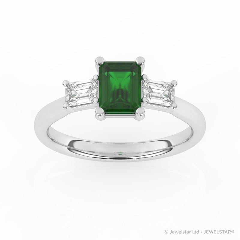 R-82411-EM-W  Lab Diamond & Emerald Three Stone Ring