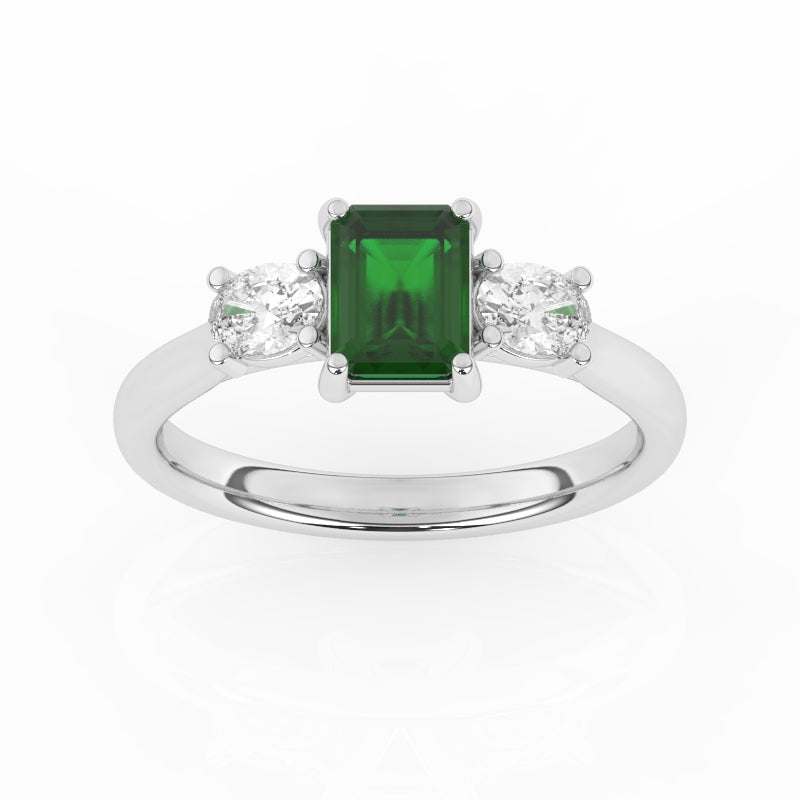 R-82412-EM-W  Lab Diamond & Emerald Three Stone Ring