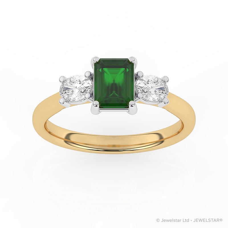 R-82412-EM-Y  Lab Diamond & Emerald Three Stone Ring