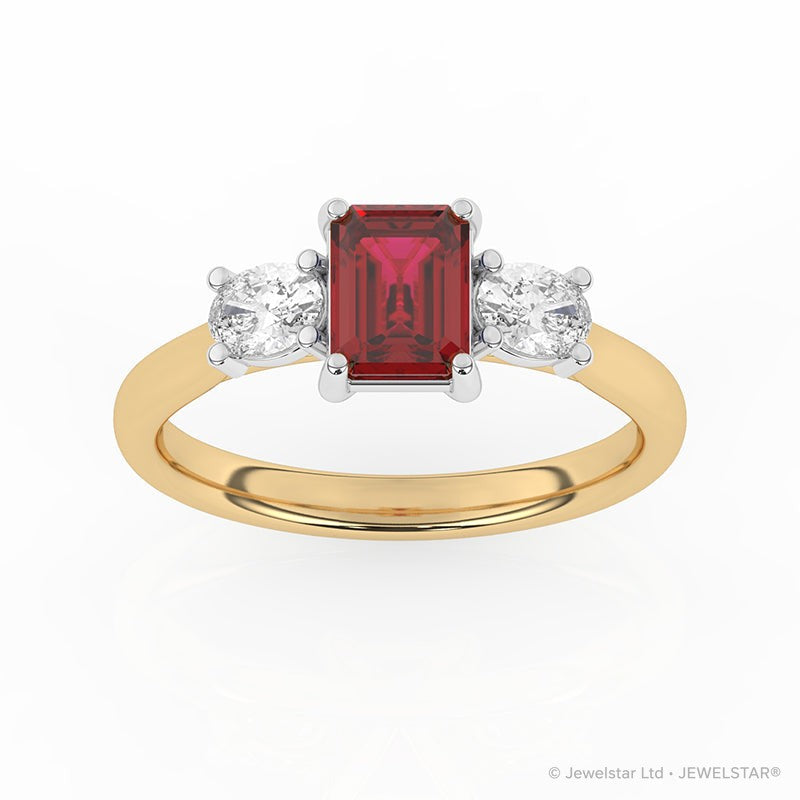 R-82412-RU-Y  Lab Diamond & Ruby Three Stone Ring