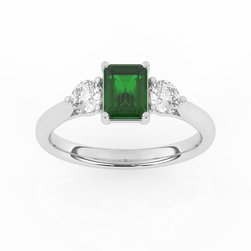 R-82413-EM-W  Lab Diamond & Emerald Three Stone Ring