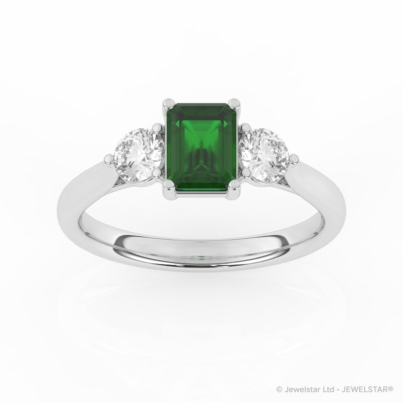 R-82413-EM-W  Lab Diamond & Emerald Three Stone Ring