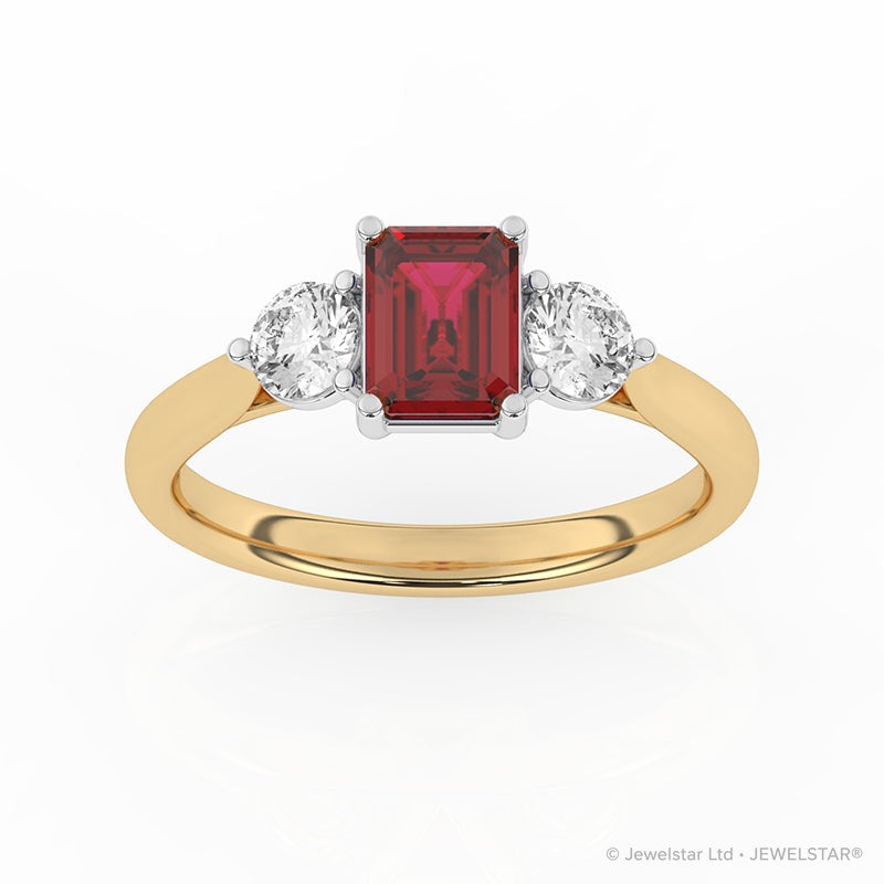 R-82413-RU-Y  Lab Diamond & Ruby Three Stone Ring