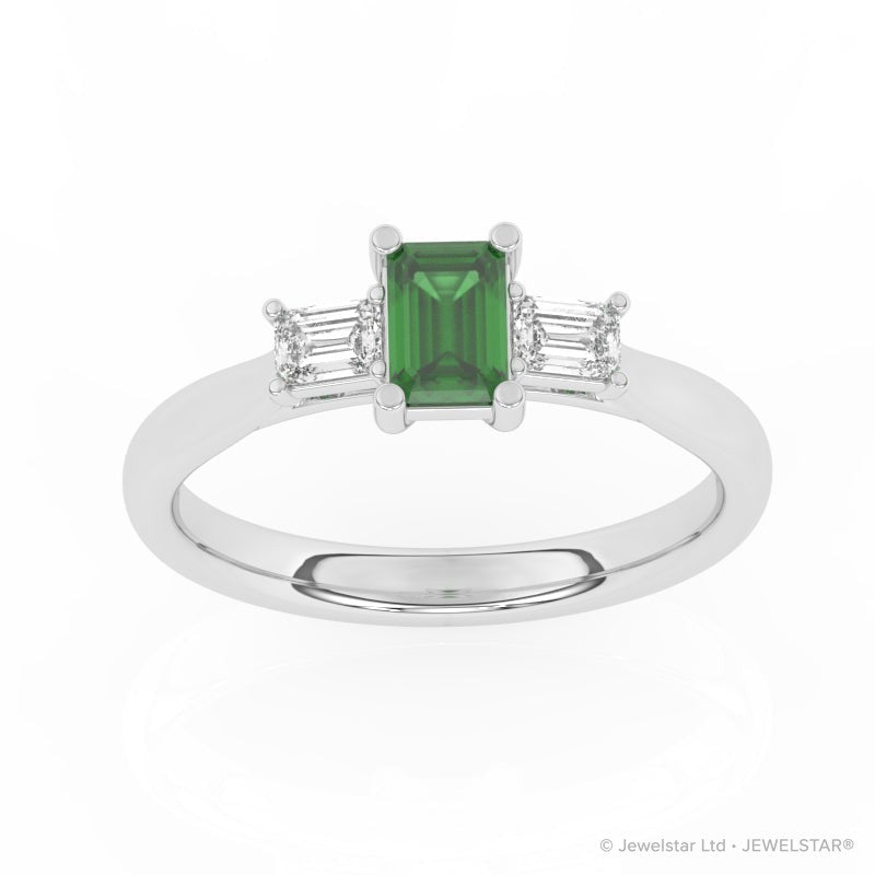 R-82420-EM-W  Lab Diamond & Emerald Three Stone Ring