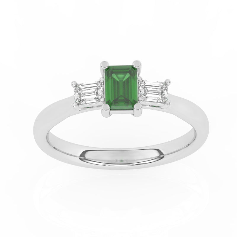 R-82420-EM-W  Lab Diamond & Emerald Three Stone Ring