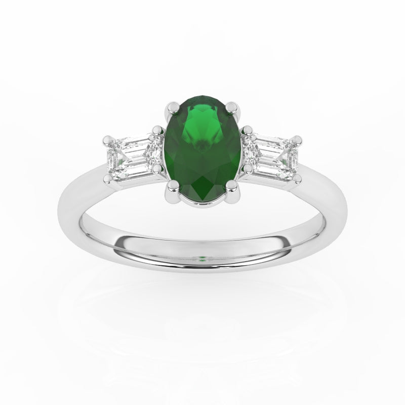R-82511-EM-W  Lab Diamond & Emerald Three Stone Ring