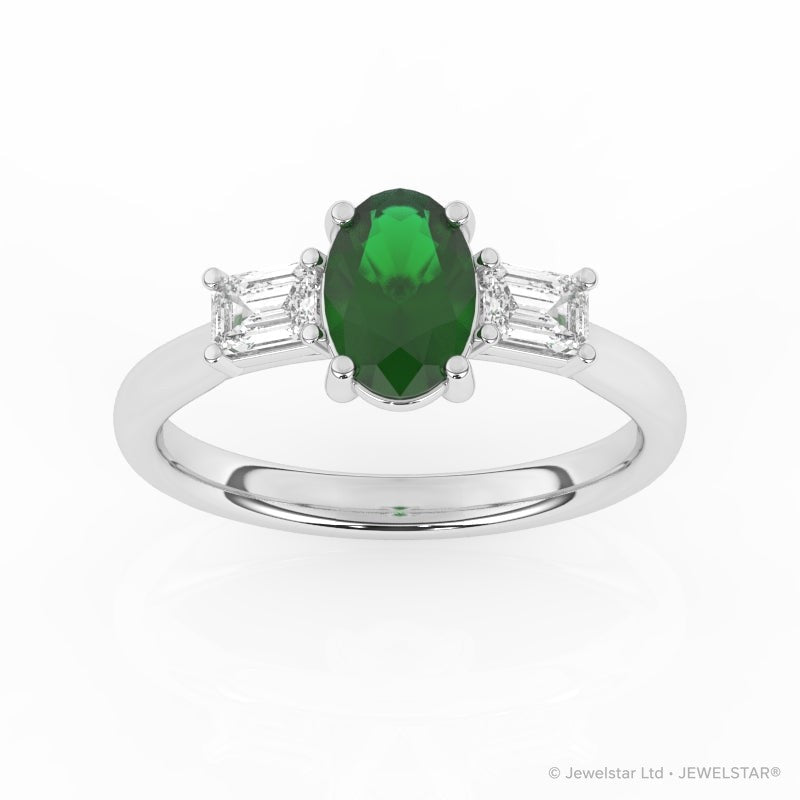 R-82511-EM-W  Lab Diamond & Emerald Three Stone Ring