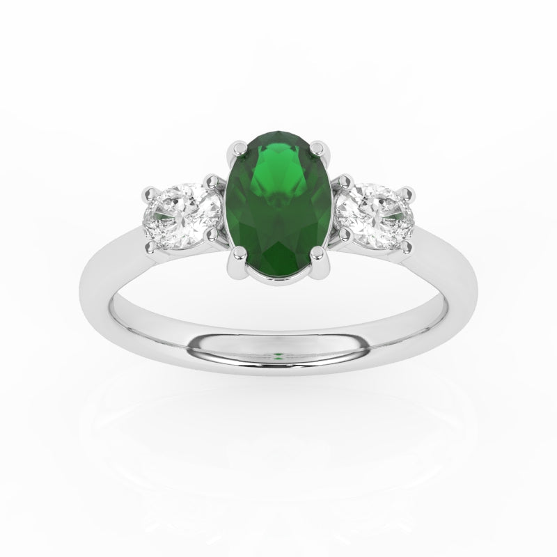 R-82512-EM-W  Lab Diamond & Emerald Three Stone Ring