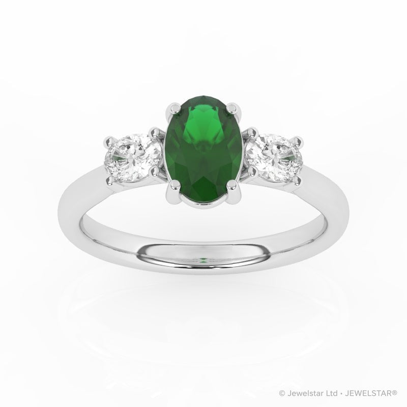 R-82512-EM-W  Lab Diamond & Emerald Three Stone Ring