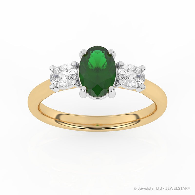 R-82512-EM-Y  Lab Diamond & Emerald Three Stone Ring