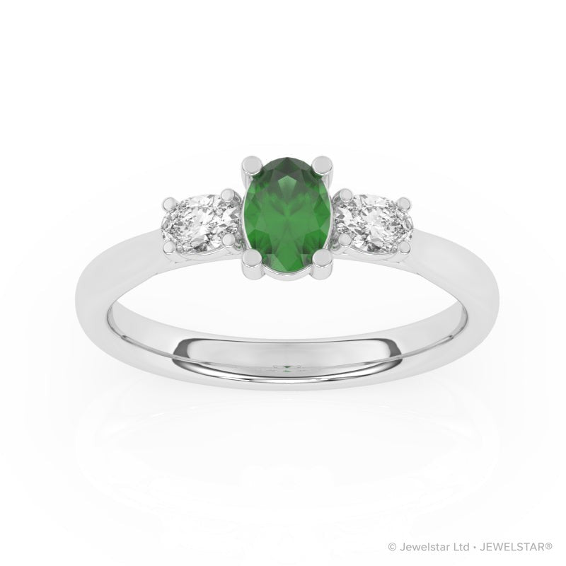 R-82520-EM-W  Lab Diamond & Emerald Three Stone Ring