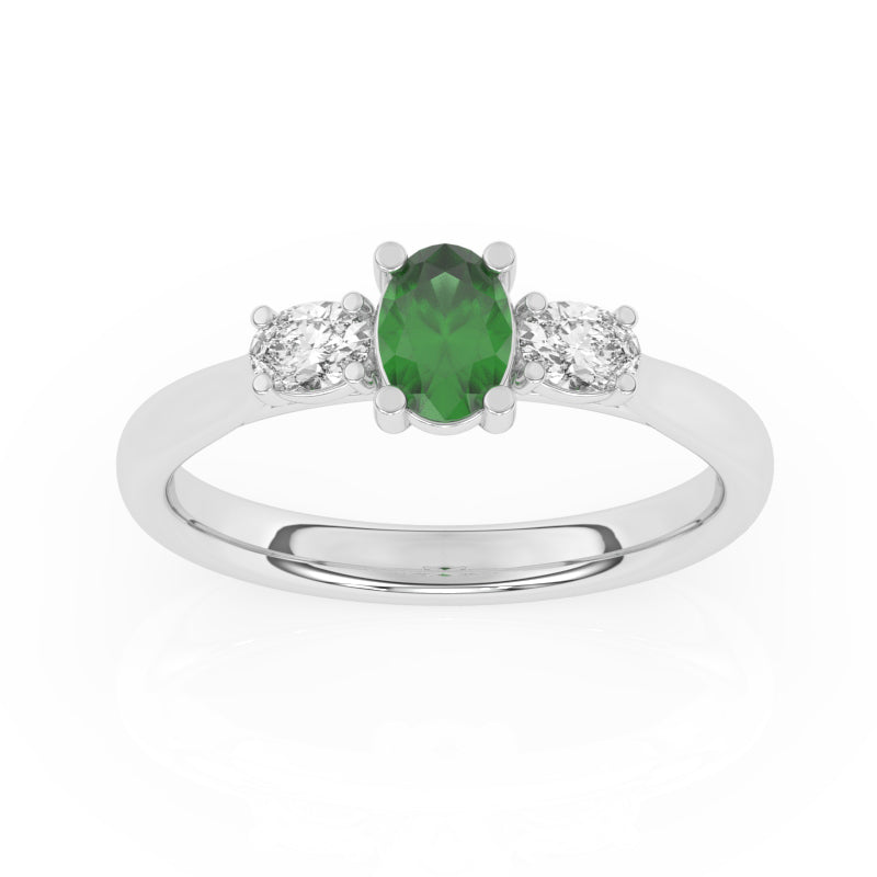 R-82520-EM-W  Lab Diamond & Emerald Three Stone Ring