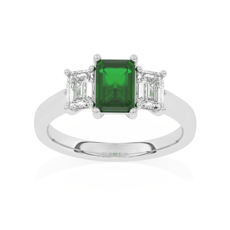 R-83200-EM-W  Lab Diamond & Emerald Three Stone Ring