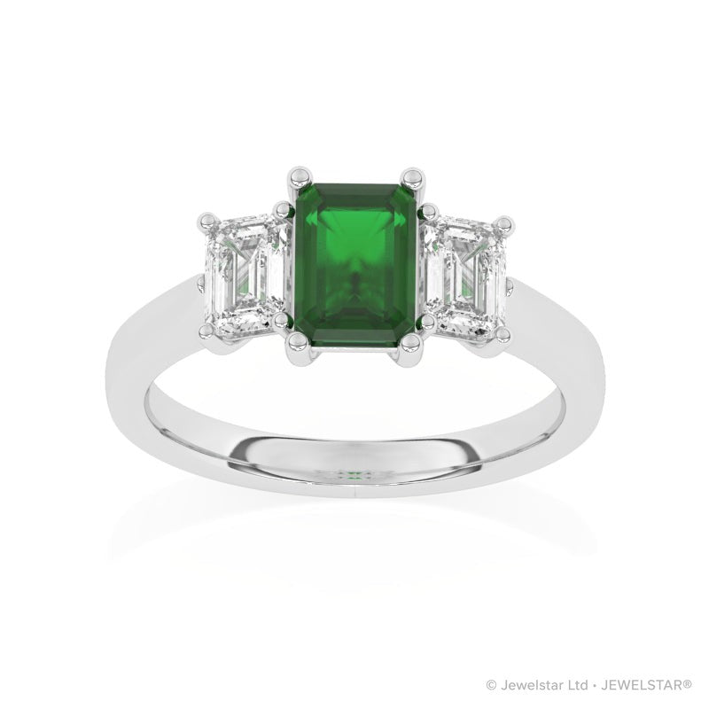 R-83200-EM-W  Lab Diamond & Emerald Three Stone Ring