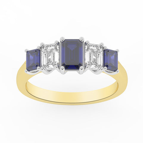 R-86200-SA-Y  Lab Diamond & Sapphire Five Stone Ring G-H/VS (EGL Report Included)